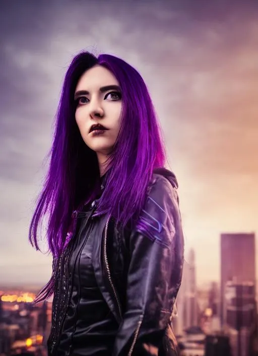 Prompt: Portrait of cyberpunk woman with dark purple hair and with calm face, city background, perfect composition, hyperrealistic, super detailed, 8k, high quality, trending art, , sharp focus, studio photo, intricate details, highly detailed