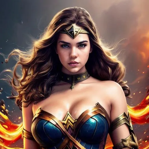 Prompt: Barbara Palvin,wonder woman, splash art, artstation, splash style of dark fractal paint, contour, hyperdetailed intricately detailed , unreal engine, fantastical, intricate detail, splash screen, complementary colors, fantasy concept art, create an 8k resolution, deviantart masterpiece, oil painting, heavy strokes, paint dripping, splash arts, ultra details In front of a steampunk portal. 
