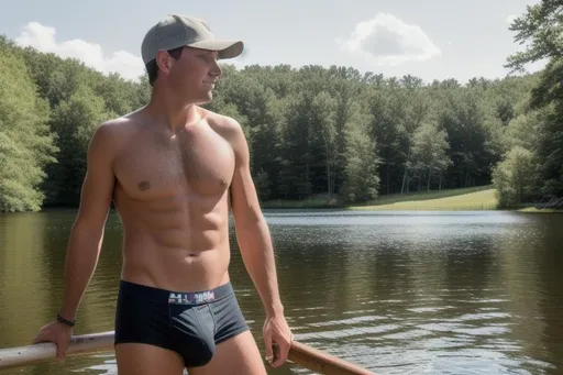 Prompt: Long shot, wide angle, 24mm lens, country guy with baseball cap fishing in his boxer briefs. It's a beautiful summer day at his lake house in the  northeastern United States. 