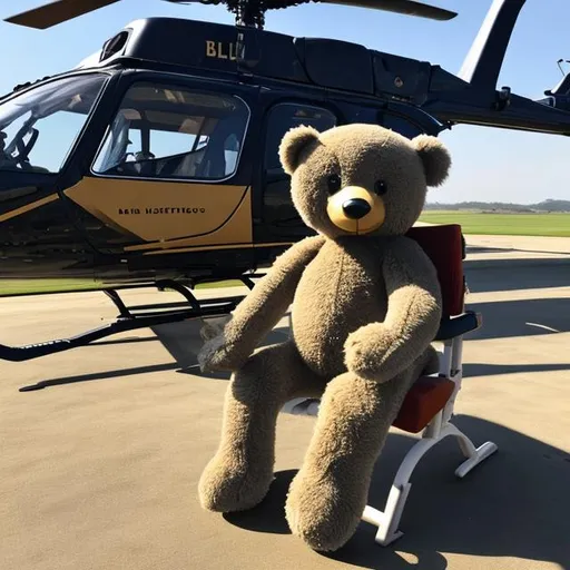 Prompt: a teddy sitting on a chair near a helicopter