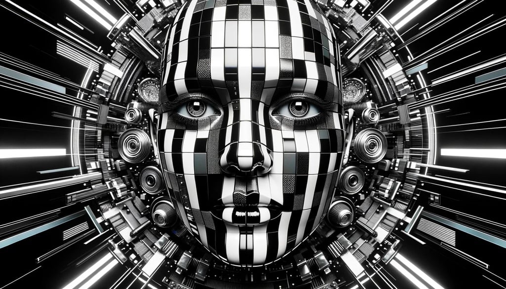 Prompt: Wide photo of a face featuring black and white stripes, integrated with elements of high-tech futurism. The face is surrounded by video feedback loops and chrome reflections, giving it a three-dimensional puzzle appearance. The ambiance is further enhanced with robotic motifs.