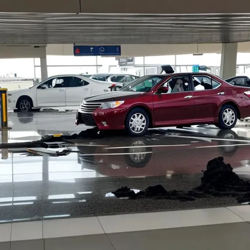 Prompt: A Camry fell from the sky into the airport
