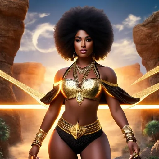 Prompt: {highly detailed, masterpiece, 4k hdr}. An Attractive African American Wizard, thick thighs, gold jewelry {dollar symbol, Necklace}, skimpy Bikini {spandex}, cloak, Glock