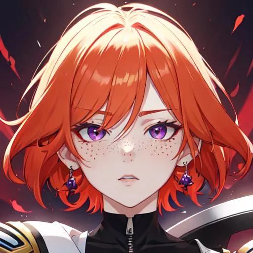 Prompt: Erikku male adult (short ginger hair, freckles, right eye blue left eye purple) UHD, 8K, Highly detailed, insane detail, best quality, high quality,  anime style, biker 