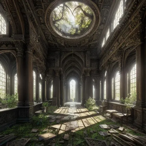 Prompt: masterpiece best quality hyperdetailed intricate elaborate fantasy ruined broken torn inside library in deep forest, library interior, trees visible,

sunshine, cinematic lighting, dramatic lighting, dark fantasy theme,

ruined post apocalyptic art, dark fantasy art, album cover art, wallpaper art, 128K resolution, VRAY, HDR, UHD,