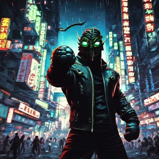 Prompt: Original villain called BlisterFist (when he punches people, they blister and explode). Blood spatters. Very Dark image with lots of shadows. Background partially destroyed neo Tokyo. Noir anime. Gritty. Dirty. Black with neon forest green accents. armour. Kenji mask. Bionic enhancements. Power up punch stance