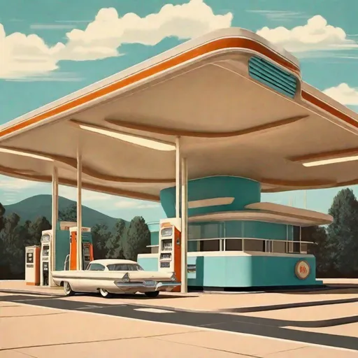Prompt: Late 1950s 1960s Retro-Futuristic gas station. Midcentury Modern architecture. High Quality, Detailed