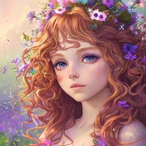 Prompt: a youngfairy goddess of spring, very curlsy hair ,wildflowers, vivid colors, closeup