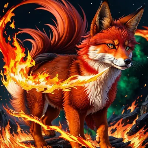 Prompt: remove foot, (8k, 3D, UHD, anime highly detailed, hyper detailed, masterpiece, detailed oil painting) portrait of fire elemental ((fox)), (canine quadruped), adolescent, silky crimson-red fur, emerald green eyes, 8k eyes, youthful, lively, lithe, black fur highlights, sharp focus, long silky hair on crest, slender, umber red mane, beautiful charming mischievous grin, wispy brown ears, wispy ruby-red mane flowers on fur, snow-capped trees, fur dusted with snow, forest, silky bushy tail, billowing mane, professional, unreal engine, dynamic, intricate detail, intricately detailed fur, highly detailed face