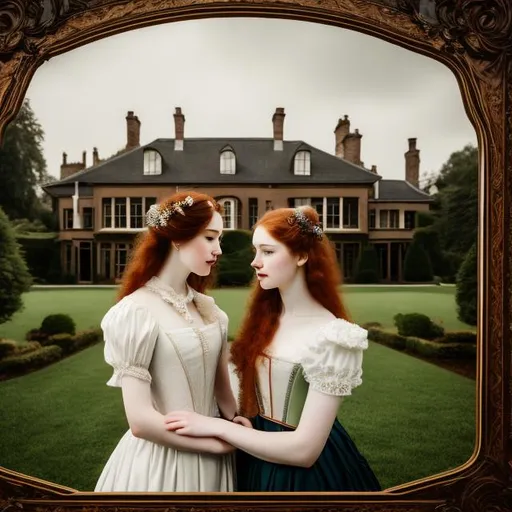 Prompt: mother have brown curly hair,pale skin , with her red haired daughter,18th century aesthetic, front of a antique Scottish mansion, high quality, 4k, details ,vintage ,analog filter, perfect composition, hyperrealistic, super detailed, 8k, high quality, trending art, sharp focus, intricate details, highly detailed