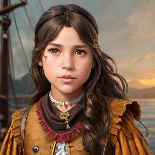Prompt: the full body of a  girl 14 years old with fringed light brown hair and brown eyes | symmetrical face, accurate anatomy, | jumping | pirate outfit, bandana | standing on a deck of a sloop | sharp focus, ultra-fine details, cinematic lighting, 4k | oil painting illustration, digital painting, scenic, wlop, artgerm, vastly ornate detailed background, vibrant colors, italian 