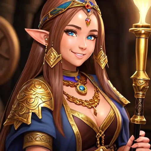 Prompt: oil painting, D&D fantasy, gold dwarf girl, tanned-skinned-female, beautiful, short bright dirty brown hair, straight hair, smiling, pointed ears, looking at the viewer, cleric wearing intricate adventurer outfit, #3238, UHD, hd , 8k eyes, detailed face, big anime dreamy eyes, 8k eyes, intricate details, insanely detailed, masterpiece, cinematic lighting, 8k, complementary colors, golden ratio, octane render, volumetric lighting, unreal 5, artwork, concept art, cover, top model, light on hair colorful glamourous hyperdetailed medieval city background, intricate hyperdetailed breathtaking colorful glamorous scenic view landscape, ultra-fine details, hyper-focused, deep colors, dramatic lighting, ambient lighting god rays, flowers, garden | by sakimi chan, artgerm, wlop, pixiv, tumblr, instagram, deviantart