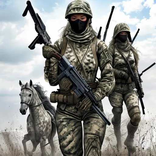 Prompt: Female War from the four horsemen of the apocalypse in modern camouflage gear carrying an assault rifle with horse and rider facing forward with a transparent background.