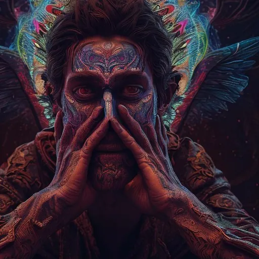 Prompt: man who is having a psychedelic hallucination of angels and demons seated on a chair with his head in his hands detailed faces hyper realistic extremely detailed dark cinematic 4K