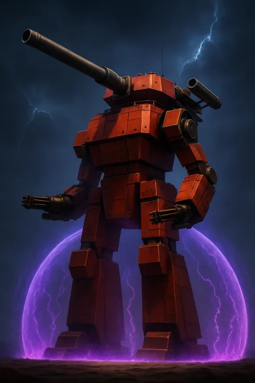 Prompt: A towering 100-meter red defense tower looms in the background, its imposing structure radiating a sense of power. The tower's massive arms are equipped with two formidable miniguns, ready to unleash a barrage of fire. On its shoulders, two sleek 50mm rocket launchers gleam ominously, poised for action. Atop the tower, a colossal 20-meter tank cannon stands, casting a long shadow over the battlefield below. Surrounding the structure is a shimmering violet shield generator, pulsating with energy, creating a captivating contrast against the darkened sky. The atmosphere is charged with tension, streaks of lightning illuminating the scene, while soft rumblings of thunder echo in the distance. The overall aesthetic is cinematic and photorealistic, capturing the surreal scale and vibrant colors of this mechanized behemoth.
