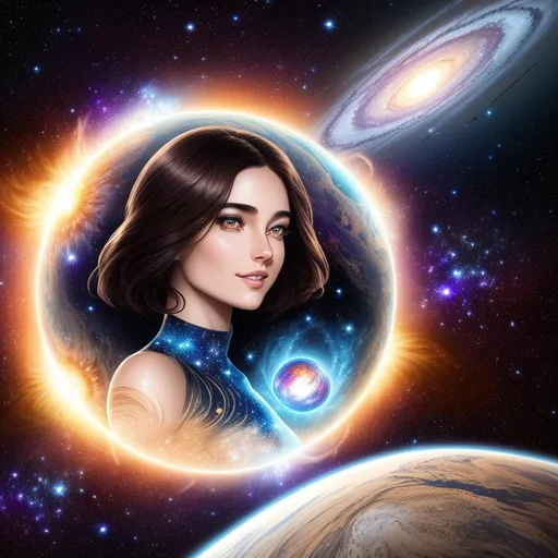 Prompt: A fractal galaxy with brown and blue tones with a bright sun and small planet earth in the foreground, ethereal (luminous woman), full body, perfect eyelashes, stunning eyes, extraordinary lips, phenomenal nose, marvelous smile, incredible eyebrows, cleavage, highly detailed face, hyper-realistic facial features, cinematic 3d volumetric, fantasy, intricate, highly-detailed, elegant, dramatic lighting, gorgeous face, lifelike, photorealistic face, curl multicolored beaming voronoi clusters fractal long hair, long luxurious lace gown, digital painting, artstation, illustration, concept art, smooth, sharp focus, art by Jude Palencar, Luis Royo, John Collier and Albert Aublet and Krenz Cushart and Artem Demura and Alphonse Mucha, highly detailed painting, looking at viewer, portrait, photography, detailed skin, realistic, photo-realistic, 8k, highly detailed, full length frame, High detail