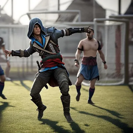 Prompt: A Male Assassin From Assassin's Creed  Playing Soccer