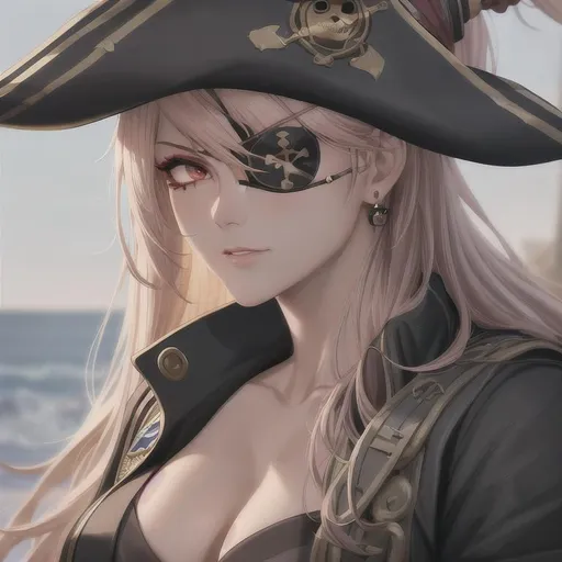 Prompt: "A close-up photo and detailed portrait of a breathtaking female pirate wearing an eyepatch on her right eye, in anime style. The female pirate's face is the center of attention, with a sense of inner beauty and power that draws the viewer in. The detailing of the female pirate's face is stunning, with every pore and feature rendered in vivid detail, including the scar on her cheek from her last battle and the eyepatch on her right eye that accentuates her position as a pirate on the high seas. Her eyes are piercing and captivating, with a sense of inner determination and strength that suggests a deep connection to her position as a warrior on the high seas. The female pirate's skin is smooth and flawless, with an elegant and youthful complexion that accentuates her position as a woman of great beauty and inner power. The overall composition is stunning and evocative, capturing the gorgeous female pirate's beauty, strength, and inner light in a single majestic image, in stunning anime style."