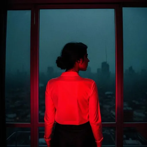 Prompt: A photography in Elsa Bleda style, a woman silhouette from behind looking through her apartment window  over a big decadent city at night, moonlight, red neon lights illuminating the ambient, ethereal gloomy mood, fog. 