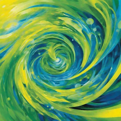 Prompt: Create an abstract image representing the potential of renewable energy sources. Use swirling greens, yellows, and blues to embody the energy derived from wind, solar, and water.