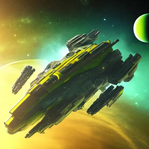 Prompt: Futuristic, space ship, green planet, yellow planet