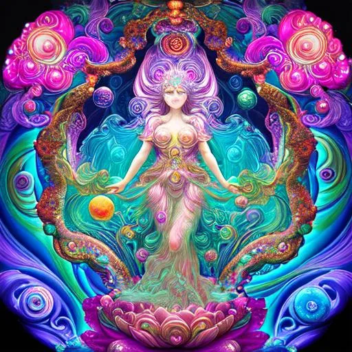 Prompt: the inception goddess of amazing dreams, fractals, bubbles, planets, floating waterfalls, color, flowers, ornate, intricate, flowing, neon, led