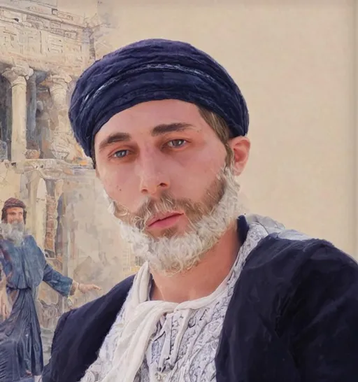 Prompt: Create an AI realistic portrait art piece of an Italian, 28-year-old, person dressed in ancient jewish attire. The image should feature intricate details and rich colors. 
