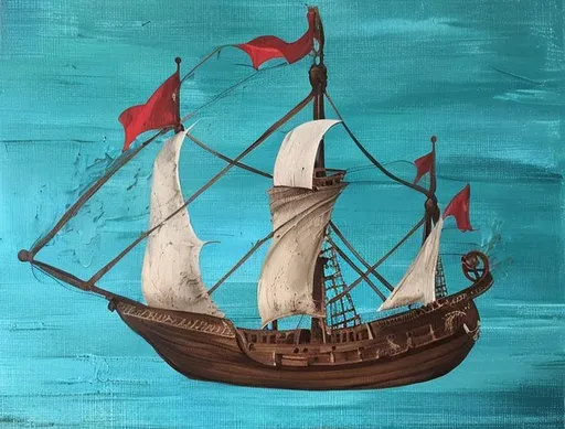 Prompt: Change this painting to a pirate sailing ship. Keep same style as the painting.