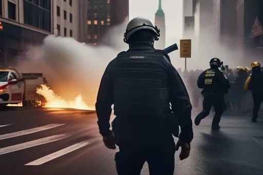 Prompt: riots in New York, apocalypse zombie,  Hyperrealistic, sharp focus, Professional, UHD, HDR, 8K, Render, electronic, dramatic, vivid, pressure, stress, nervous vibe, loud, tension, traumatic, dark, cataclysmic, violent, fighting, Epic