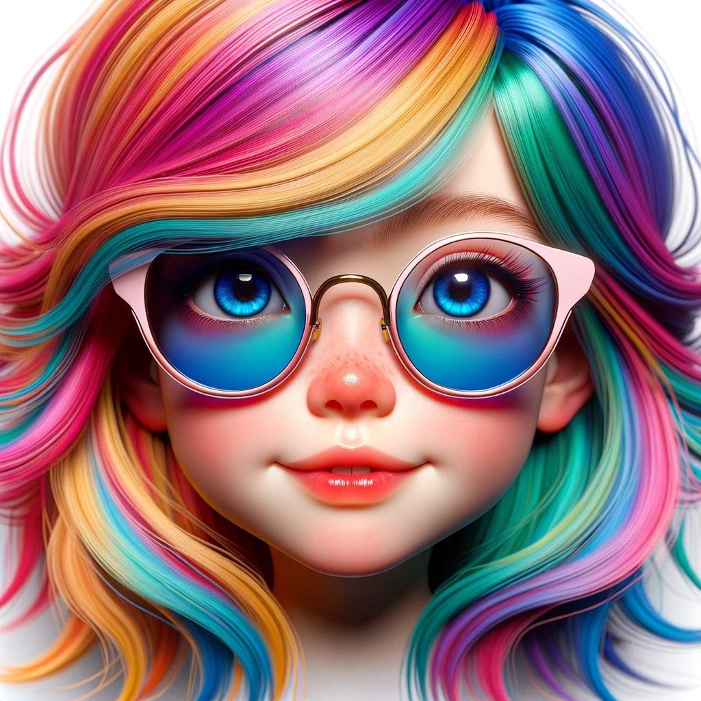 Prompt: A playful and innocent-looking portrait in the style of retrowave, showcasing a face with vivid hair colors, accessorized with trendy sunglasses, with a painterly touch and daz3d influence.