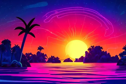 Prompt: A Bluish Black Neon Island Sun View