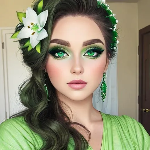 Prompt: A woman all in green, green eyes, pretty makeup, a white flower in her hair