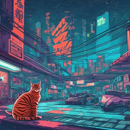 Prompt: Make an illustration of an orange house cat, in the style of the  cyberpunk video game. Tha background should be in the outrun art sytle.