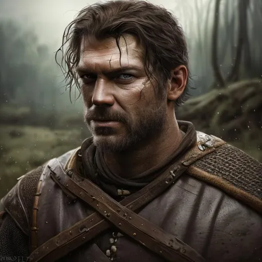 Prompt: photorealistic portrait of a sturdy european man, adventurer medieval fantasy setting, empty look, brown eyes, black long hair, swamp in the background, natural lighting, 