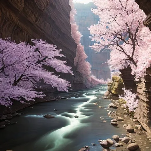 Prompt: fantastic photo of a river coming from a canyon in early morning of spring, god rays highlight the Cherry bloom and rose growing beside the river. UHD 8k DSLR Photo with Pentex by Wayne Barlowe and Jim Burn, The Lord of the Rings. 