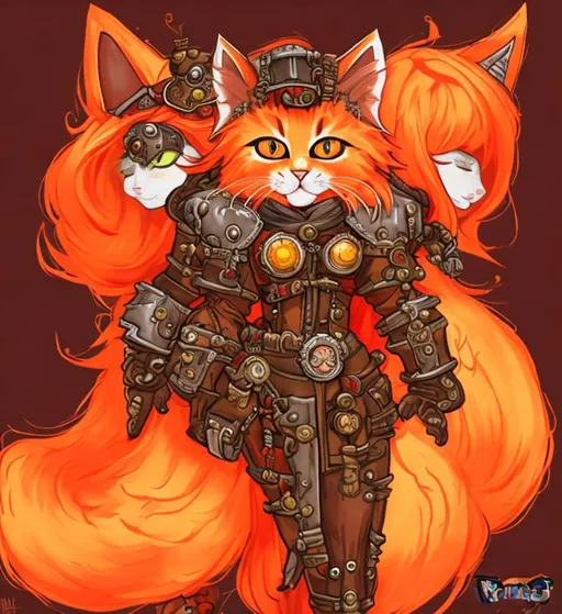 Prompt: Orange cat Wearing red and black steam punk/world of Warcraft armor 