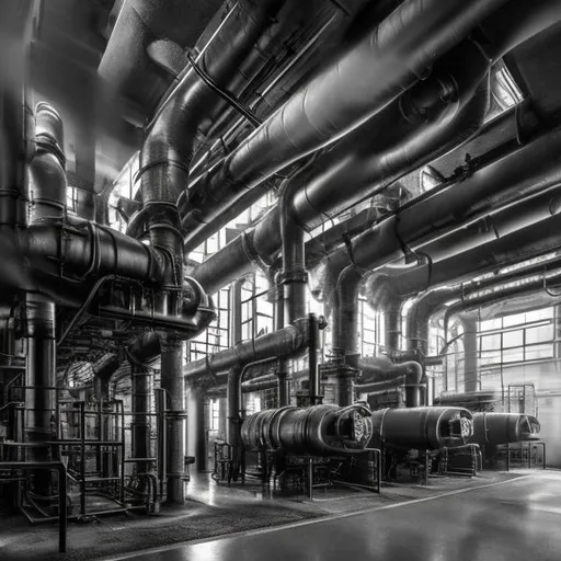 Prompt: Create an image with industrial boilers with a lot of steam and in a very industrial surrounding in black and white more steam