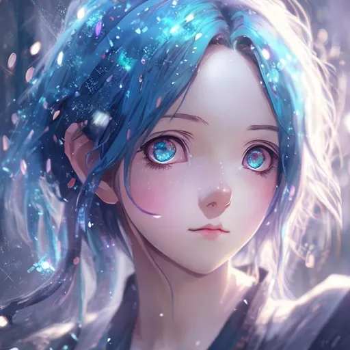 Prompt: anime portrait of a GIRL, anime eyes, beautiful intricate BLUE hair, shimmer in the air, symmetrical, in re:Zero style, concept art, digital painting, looking into camera, square image