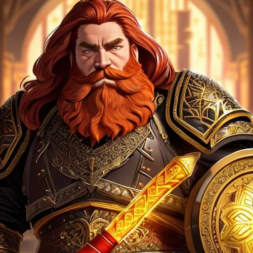 Prompt: "Full body portrait of an older grizzled male gold dwarf with short fiery red hair and a long trimmed beard, short stocky body, dressed in black full plate armor with intricate golden designs, holding a axe #3238, UHD, hd , 8k eyes, detailed face,  8k eyes, intricate details, insanely detailed, masterpiece, cinematic lighting, 8k, complementary colors, golden ratio, octane render, volumetric lighting, unreal 5, artwork, concept art, cover, top model, light on hair colorful glamourous hyperdetailed medieval city background, intricate hyperdetailed breathtaking colorful glamorous scenic view landscape, ultra-fine details, hyper-focused, deep colors, dramatic lighting, ambient lighting god rays, flowers, garden | by sakimi chan, artgerm, wlop, pixiv, tumblr, instagram, deviantart