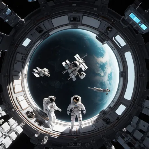 Prompt: An empty space station floating in space with dead floating astronauts