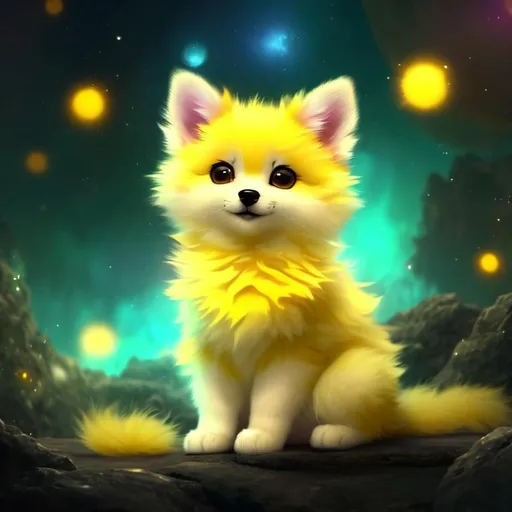 Prompt: Cute, yellow, fluffy, fantasy light puppy, with lighting, yellow eyes, yellow fur, and possessing the element of space and making circles of lighting stripes
 move around in the air in a magical way, in a space background. Perfect features, extremely detailed, realistic. Krenz Cushart + loish +gaston bussiere +craig mullins, j. c. leyendecker +Artgerm.