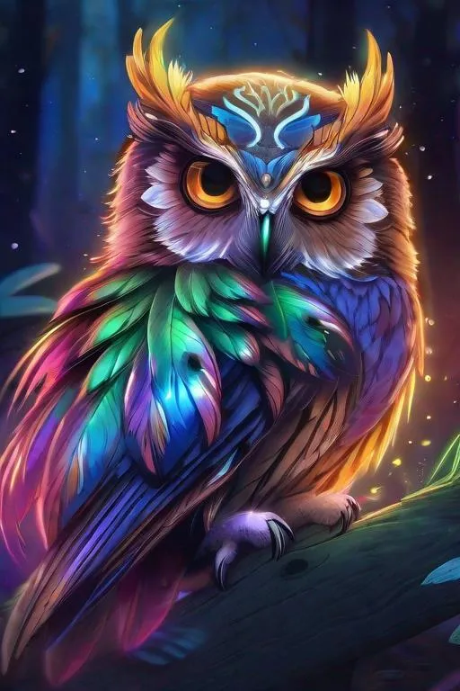 Prompt: Splash art, Owl, bioluminescence, glowing, multicolor feathers, fantasy, very detailed feathers