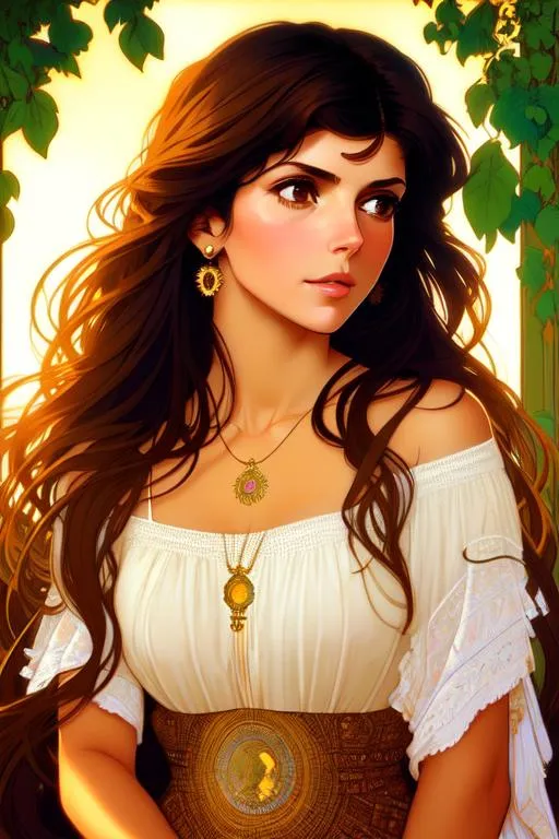 Prompt: Upper body portrait of Cute girl Marisa Tomei, 25 years old, brown long hair, tan skin, sundress, intricate, detailed face. by Ilya Kuvshinov and Alphonse Mucha. Dreamy, sparkles