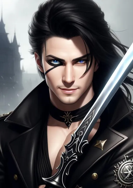 Prompt: A hyper realistic detailed image of a ((Man with cold smile)) with ((a pale skin)) (((black hair))),((wearing eye patch)) with ((dagger in both hand)), clean hirstyle, highly detailed, digital painting, Trending on Deviantart, HD quality, dilapidated mansion background, professional assassin, fantasy