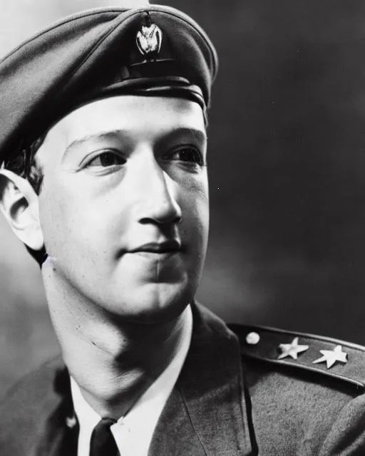 Prompt: Mark Zuckerberg historic famous vintage 1944 World War II portrait photo of handsom soldier veteran war hero in wwii