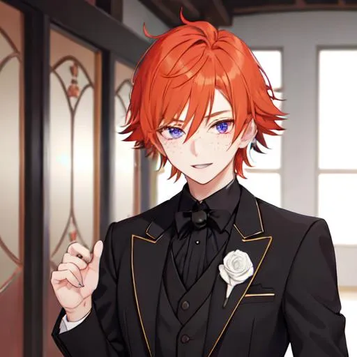 Prompt: Erikku 1male (short fluffy ginger hair, freckles, right eye blue, left eye purple) wearing a black suit at a wedding