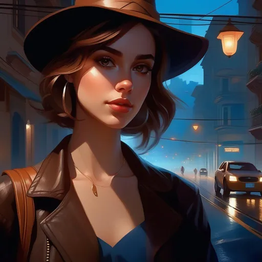 Prompt: Third person, gameplay, Brazilian girl, pale skin, light brown hair, brown eyes, 2020s, smartphone, streets of São Paulo at night, fog, blue atmosphere, cartoony style, extremely detailed painting by Greg Rutkowski and by Henry Justice Ford and by Steve Henderson 

