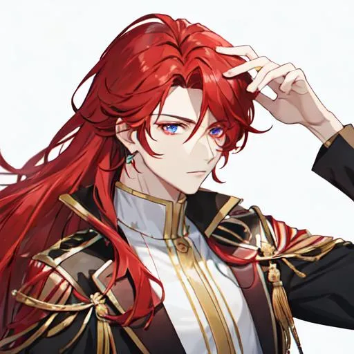 Prompt: Zerif 1male (Red side-swept hair covering his right eye) hand in his hair