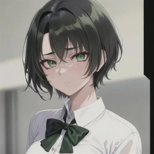 Prompt: 90s anime style, detailed, intricate face, portrait, detailed eyes, gentle tones, light shading, 90s tones, 90s era, 1girl, beautiful woman, short hair, {{black hair with green highlights}}, green eyes, black pupil's, wearing school uniform, {{disgusted expression}}