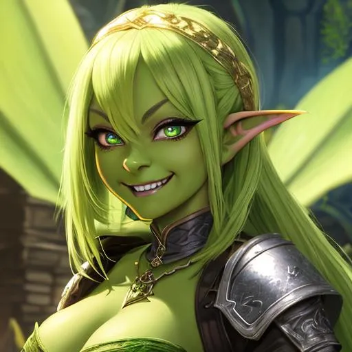 Prompt: oil painting, D&D fantasy, green-skinned-goblin girl, green-skinned-female, small, short dirty blonde hair, evil smile, pointed ears, fangs, looking at the viewer, thief wearing intricate adventurer outfit, #3238, UHD, hd , 8k eyes, detailed face, big anime dreamy eyes, 8k eyes, intricate details, insanely detailed, masterpiece, cinematic lighting, 8k, complementary colors, golden ratio, octane render, volumetric lighting, unreal 5, artwork, concept art, cover, top model, light on hair colorful glamourous hyperdetailed medieval city background, intricate hyperdetailed breathtaking colorful glamorous scenic view landscape, ultra-fine details, hyper-focused, deep colors, dramatic lighting, ambient lighting god rays, flowers, garden | by sakimi chan, artgerm, wlop, pixiv, tumblr, instagram, deviantart